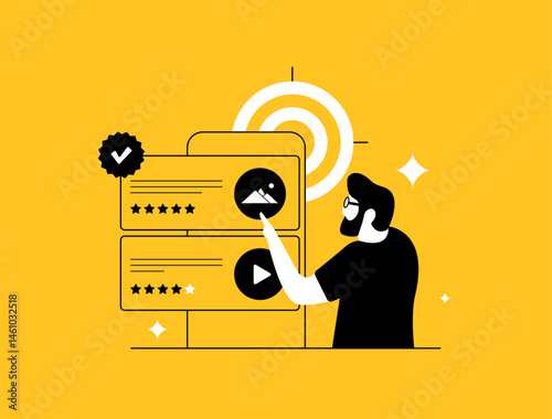 Review marketing vector illustration showcasing customer feedback, testimonials marketing, and user-generated content. Online review management and customer feedback strategies vector illustration