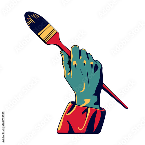 Creative painter's hand holding brush, pop art inspiration
