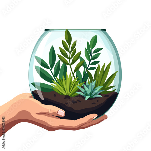 Hand creating terrarium with lush greenery, evokes creativity