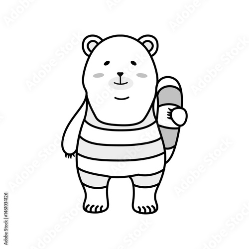 浮き輪を持つシロクマのイラスト（モノクロ）