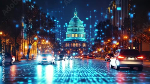 City street with a large building in the background. The street is lit up with lights and the building is illuminated