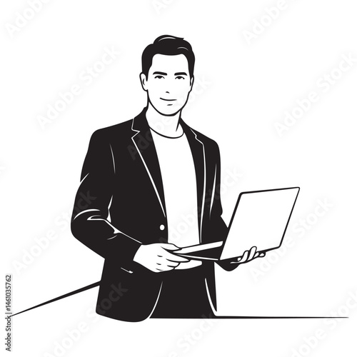 A handsome man standing with laptop Vector Black silhouettes. with white background