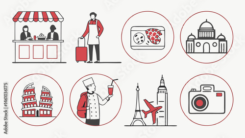 Flat Line Art Vector Travel and Food Icons Set Global Landmarks Chef Vendor Camera Suitcase Tourism Illustration