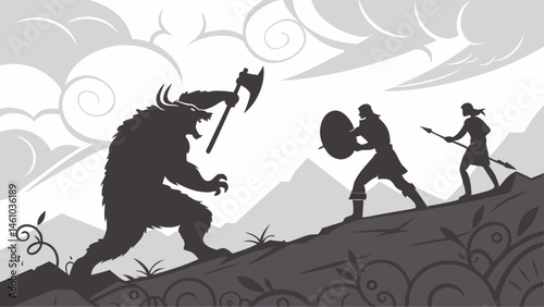 Dramatic Black and White Silhouette Illustration of Fantasy Warriors Battling a Giant Mythological Beast on a Hillside