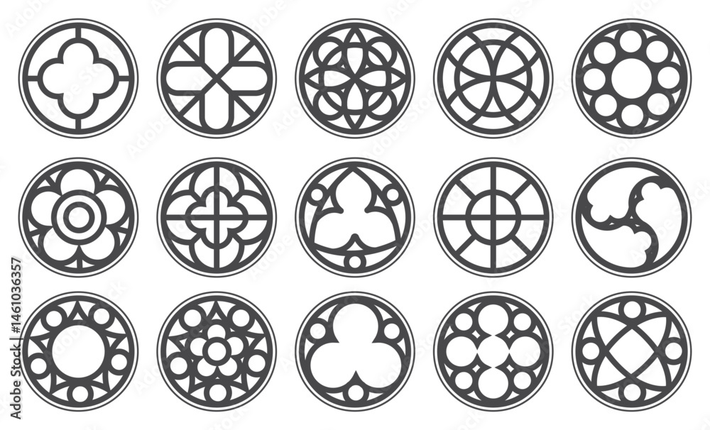 Gothic circle rose window with medieval ornament. Cathedral rosette. Christian architecture elements with stained glass on white background. Radial vector frame.