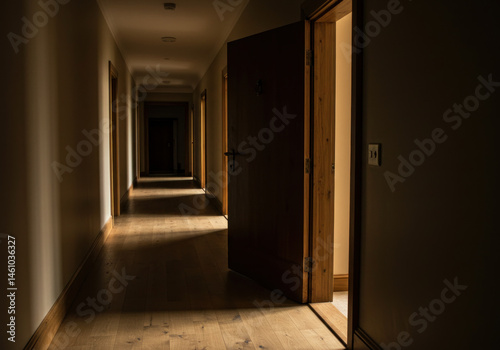 Light streams into a long hallway, highlighting a wooden door ahead.