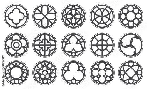 Gothic circle rose window with medieval ornament. Cathedral rosette. Christian architecture elements with stained glass on white background. Radial vector frame.