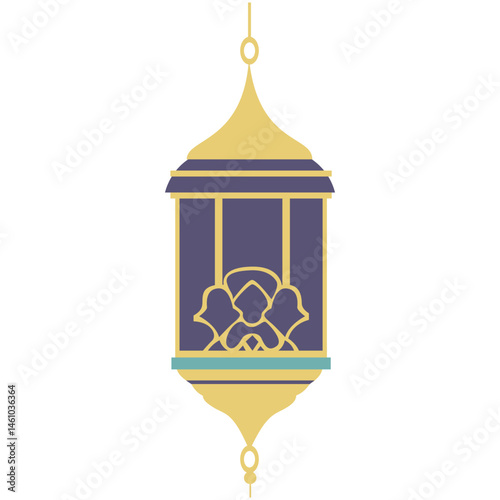 An artistic illustration of a gold-framed lantern with a purple interior and ornate decorative details, designed in an elegant traditional style.