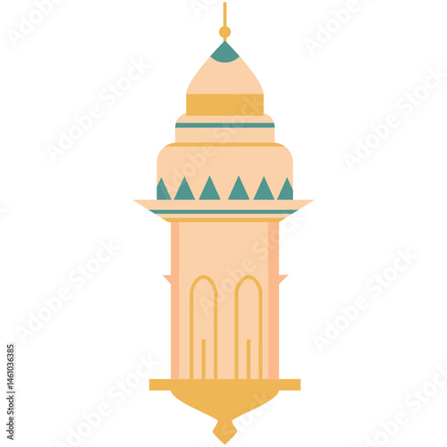 An artistic illustration of a yellow lantern with a symmetrical shape and ornate cut-out details, designed in a traditional elegant style.
