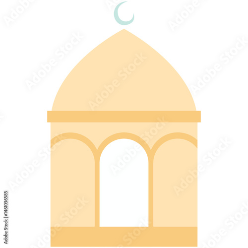 An artistic illustration of a mosque featuring a central dome with a crescent moon, arched windows, and a symmetrical design.