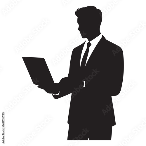 A handsome man standing with laptop Vector Black silhouettes. with white background
