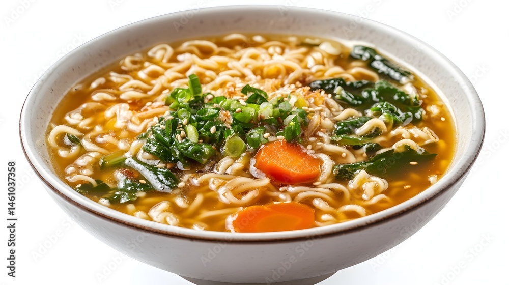 A delicious bowl of ramen noodle soup with carrots spinach and sesame seeds is presented on a white background. A delicious bowl of ramen noodle soup with carrots spinach and sesame seeds is presented on a white background.