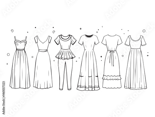Elegant dress design with graceful inked aura in line artwork