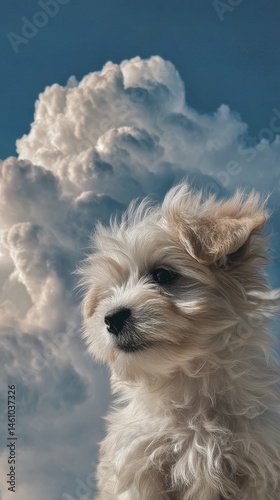 Fluffy puppy against a dramatic sky of clouds.