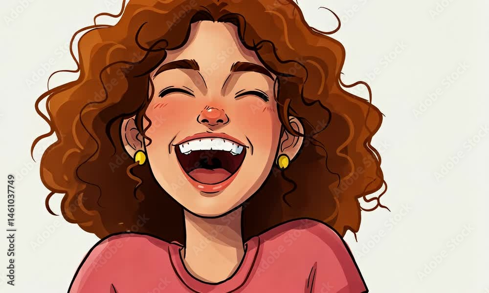 Portrait of a joyful woman with curly brown hair, wearing a pink shirt, laughing with eyes closed