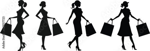 Silhouette vector of a woman holding a shopping bag, simple illustration on a white background.