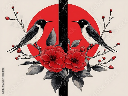 Two black and white birds with red blossoms