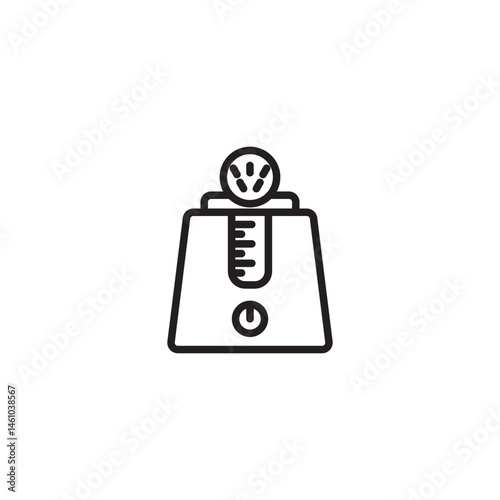 A stylized icon of a trapezoidal device with a circular top featuring three exclamation points. A vertical gauge and a power button are visible on the front.
