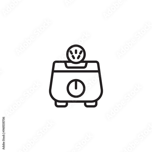 A stylized icon of a humidifier with a circular top featuring three exclamation points. The main body is trapezoidal and displays a power button. It rests on two curved supports.