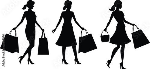 Silhouette vector of a woman holding a shopping bag, simple illustration on a white background.