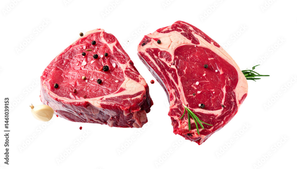 Obraz premium Fresh ribeye steak with marbling, garlic cloves, and herbs, showcasing vibrant red color and rich texture, perfect for grilling or cooking