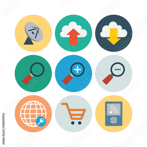 Collection Of Nine Different Communication And Technology Related Flat Design Vector Icons