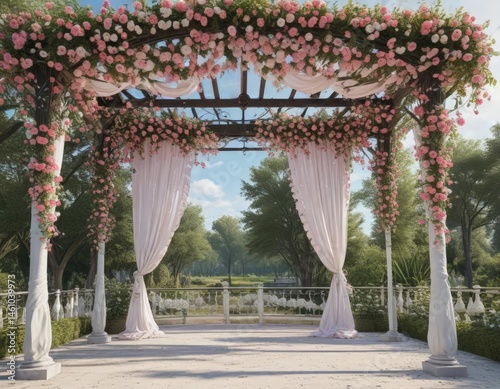 Pink and white floral swags hang from a metal gazebo structure  Outdoor scene , blossom, scene, garden