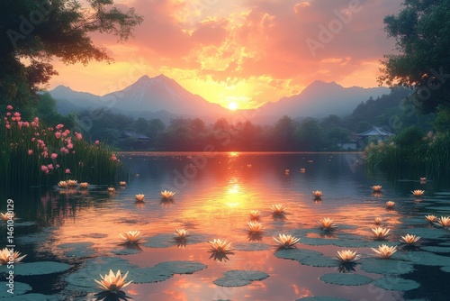 Calm lake reflecting sunset colors; lotus flowers floating gently. Mountains in back