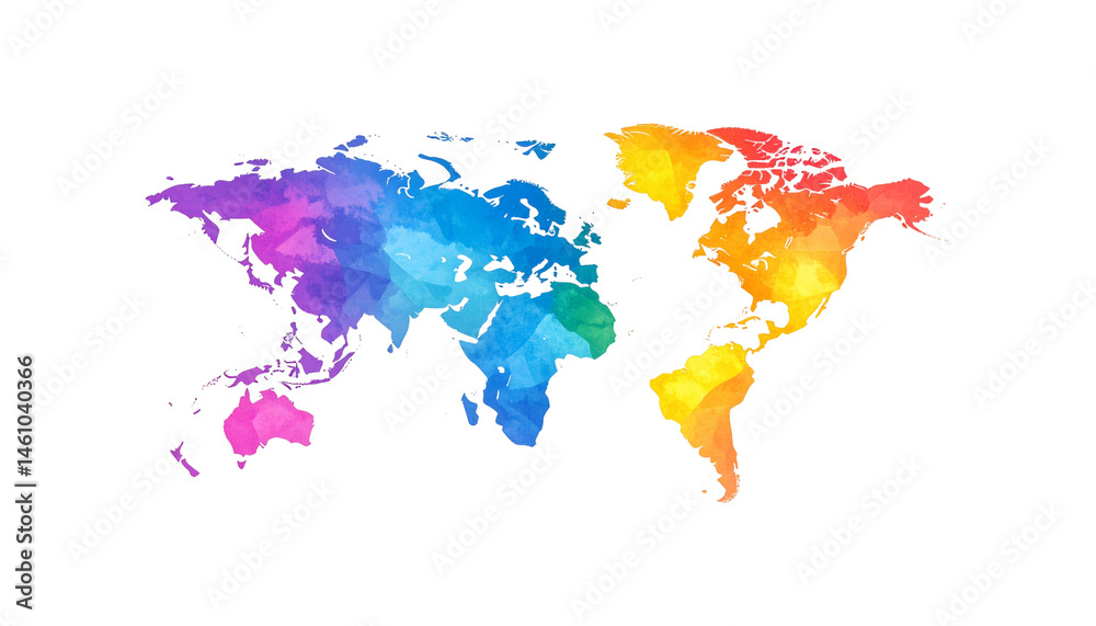 Obraz premium vibrant and colorful world map featuring watercolor style with shades of blue, purple, green, yellow, and orange, representing global diversity and unity