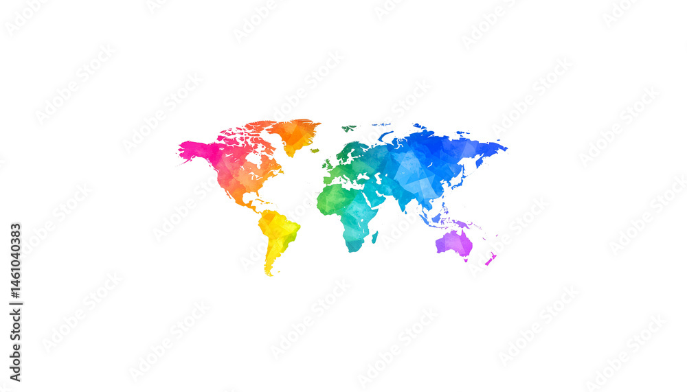 Obraz premium Colorful world map illustration featuring vibrant hues representing different continents and regions, showcasing creative and artistic representation of global geography