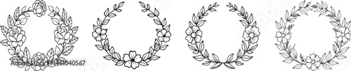 Hand-drawn wreath of flowers, intricate beauty design for adult coloring book on a white background.