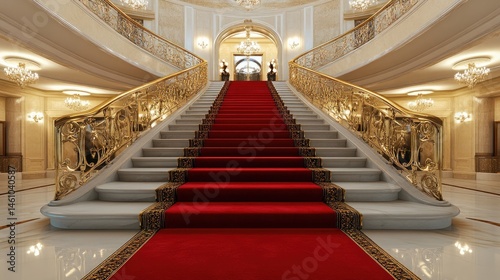 Elegant red carpet rolls down marble stairs with golden railings and soft spotlight