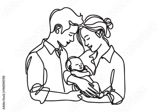 Mother and father holding their baby Continuous line art drawing Vector