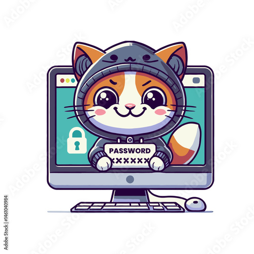  Cat Hacker Holding Password Sign Behind Computer Screen