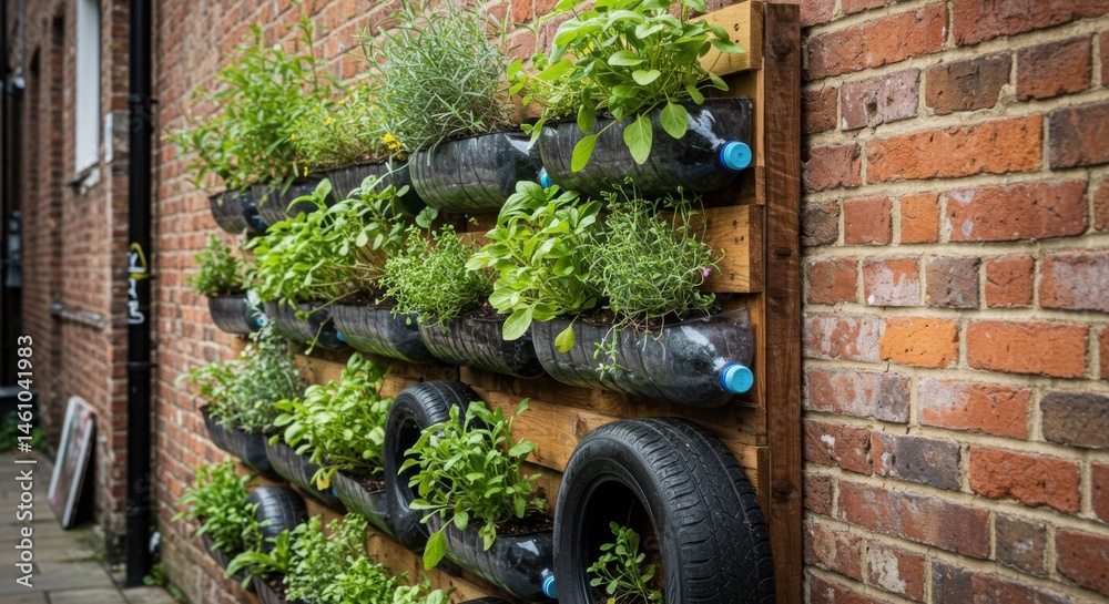 Fototapeta premium Vertical garden system using recycled materials mounted on urban wall