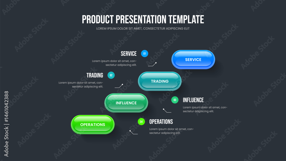 Obraz premium Consulting Campaign Slideshow Template Vector Illustration. Enterprise Plan 4 Step Infographic Slide Layout. Project Analysis Four Element Diagram Presentation Design.