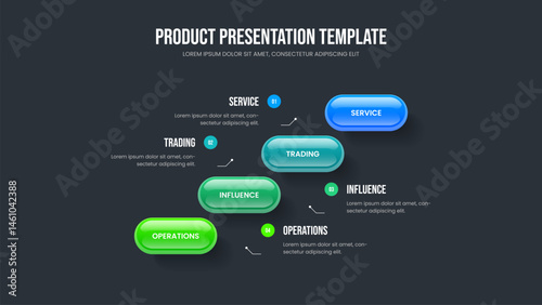 Consulting Campaign Slideshow Template Vector Illustration. Enterprise Plan 4 Step Infographic Slide Layout. Project Analysis Four Element Diagram Presentation Design.