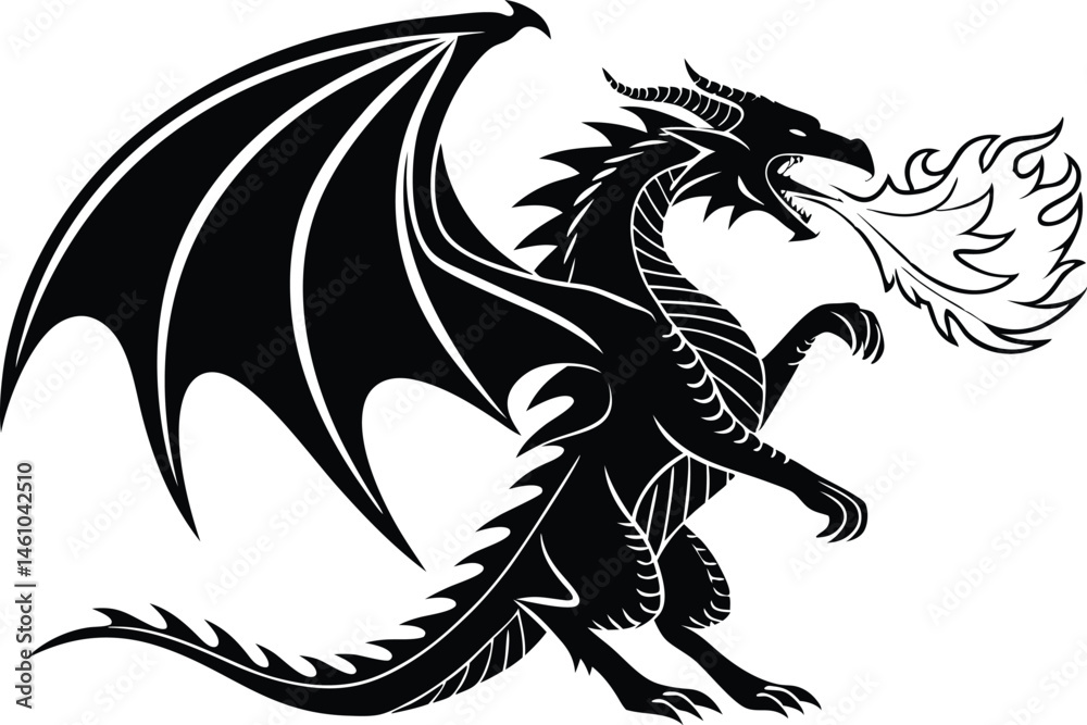 custom made wallpaper toronto digitalFierce Dragon Silhouette in Dramatic Pose - Medieval Fantasy Vector Illustration