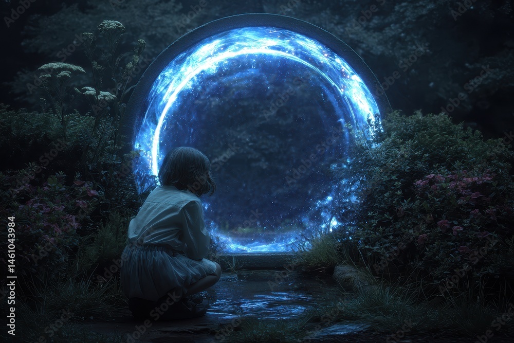 Fototapeta premium Mysterious circular portal in a mystical garden setting.