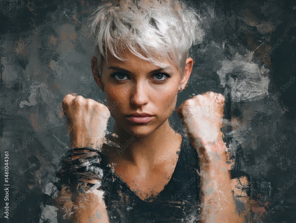 Fototapeta premium A woman with a powerful expression, framed by textured grunge.