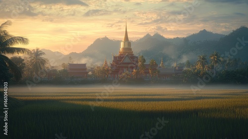 Thai temple surrounded by rice paddies and palms, rising majestically from the flatland