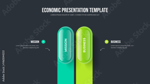 Enterprise Strategy Two Element Infographic Slide Layout. Professional Launch Presentation Template Vector Illustration. Corporate Report 2 Step Diagram Slideshow Design.