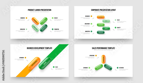 Digital Launch Four Five Two Three Element Diagram Slide Template Vector Illustration Set. Professional Profile 4 5 2 3 Step Infographic Presentation Layout Collection.