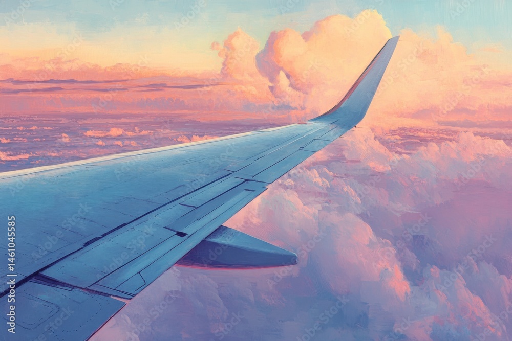 Obraz premium Stunning scenic airplane window view overlooking pastel sunset sky high-resolution gigapixel image aerial perspective dreamy atmosphere