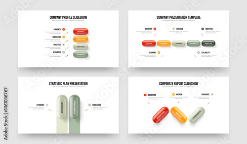 Business Report 4 5 2 3 Step Infographic Slideshow Template Set. Modern Campaign Four Five Two Three Element Diagram Presentation Design Vector Illustration Bundle.