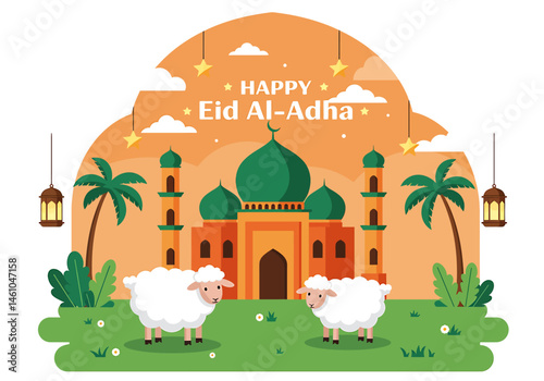 vector flat illustration for Happy Eid Al-Adha. Features a mosque, sheep, camel, cow, crescent moons, stars, lanterns, and palm trees. Perfect for Eid greetings and festive designs
