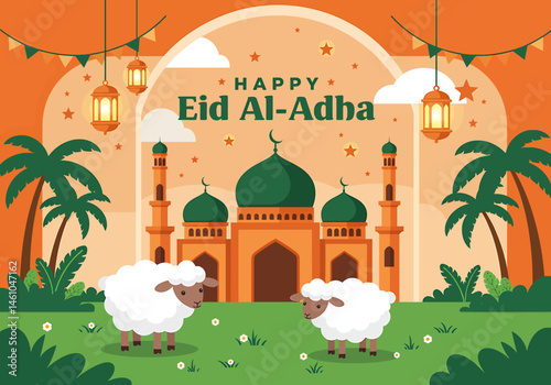 vector flat illustration for Happy Eid Al-Adha. Features a mosque, sheep, camel, cow, crescent moons, stars, lanterns, and palm trees. Perfect for Eid greetings and festive designs