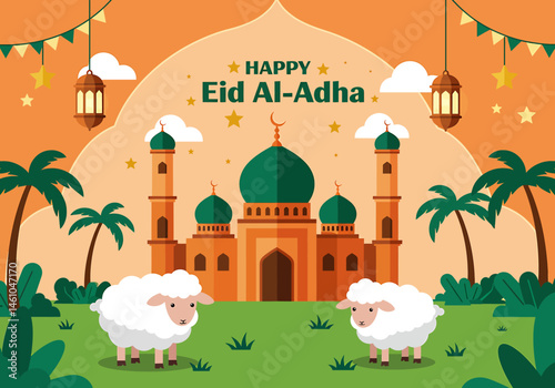 vector flat illustration for Happy Eid Al-Adha. Features a mosque, sheep, camel, cow, crescent moons, stars, lanterns, and palm trees. Perfect for Eid greetings and festive designs