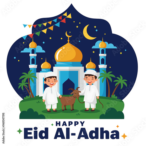 vector flat illustration of a Muslim family celebrating Eid Al-Adha Mubarak with a sheep, cow, goat. Features mosque silhouettes, crescent moon, and stars. Perfect for festive greetings