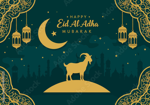 vector flat illustration for Happy Eid Al-Adha. Features a mosque, sheep, camel, cow, crescent moons, stars, lanterns, and palm trees. Perfect for Eid greetings and festive designs